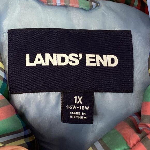 Lands End Puffer Vest Women 1X Blue Multi Plaid Down Filled Full Zip Pockets - Picture 6 of 6